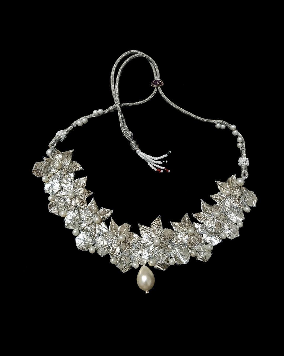 Handmade silver gota flower necklace made with gota and pearls.