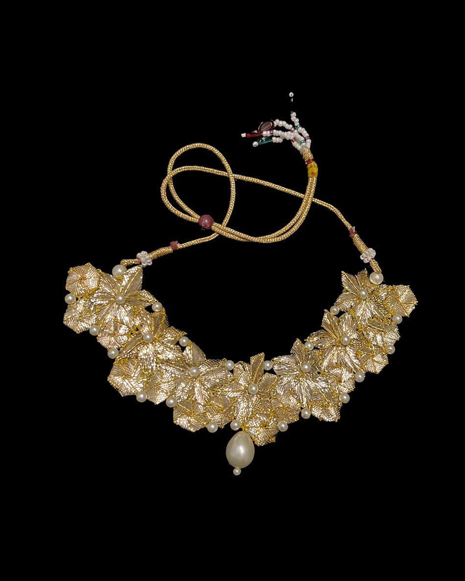 Golden Gul Necklace Handmade Tamba Gota and embellished with pearls. 