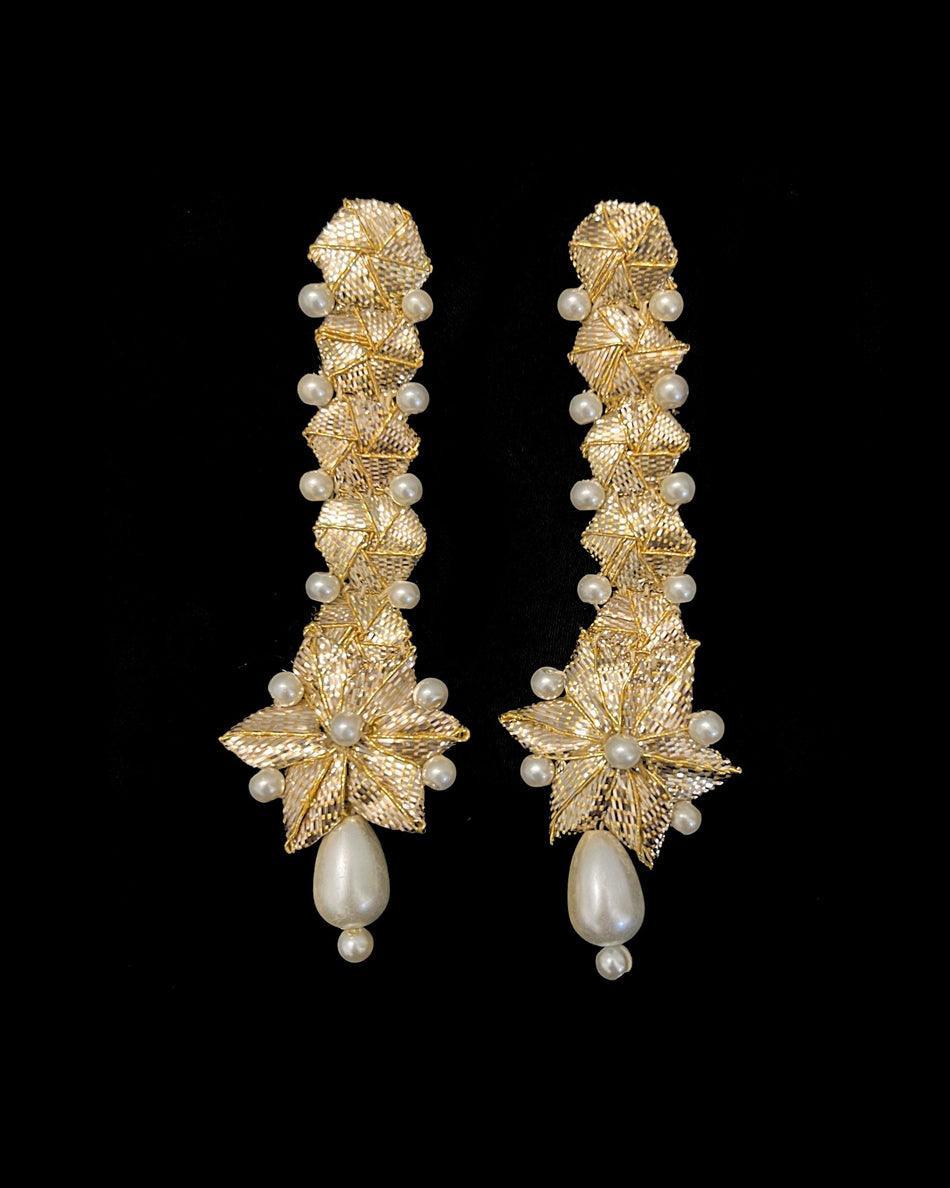 Handmade long gota earrings made with gota and pearls.