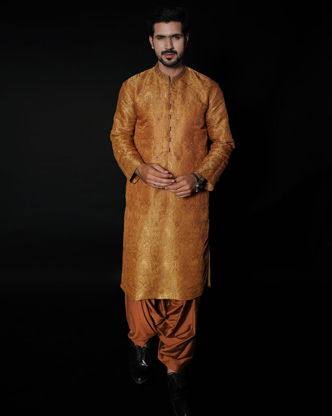 EMBROIDERED ATLAS KAMEEZ SHALWAR - Rust