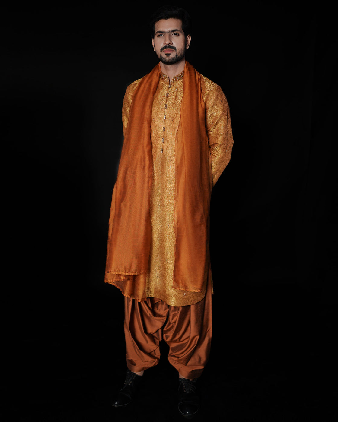 EMBROIDERED ATLAS KAMEEZ SHALWAR - Rust