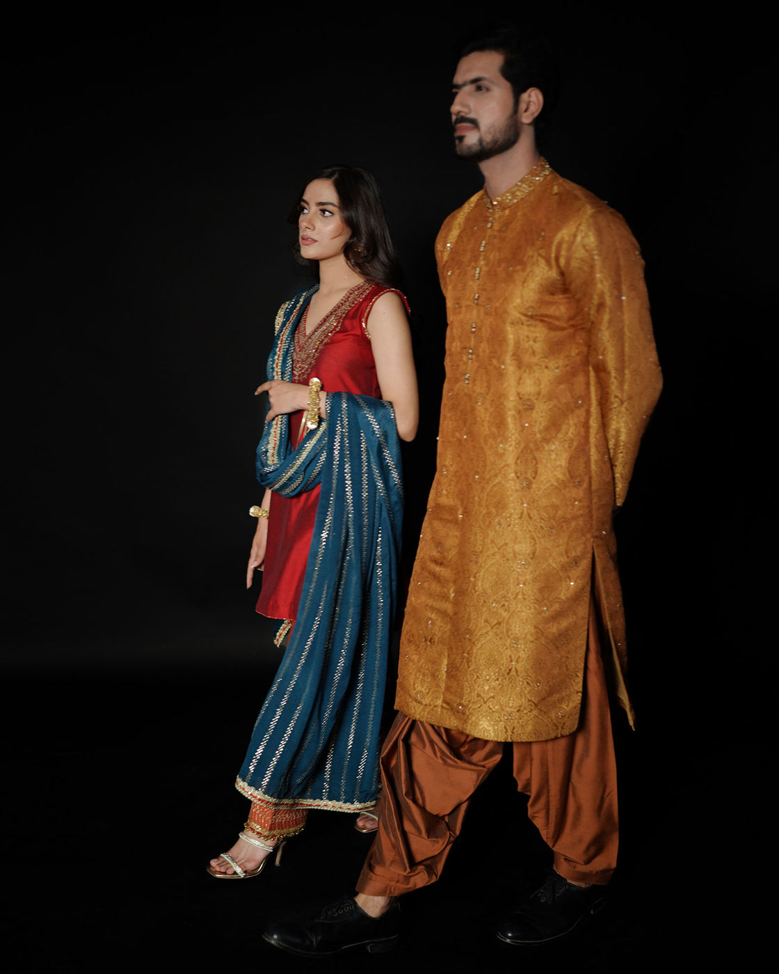 EMBROIDERED ATLAS KAMEEZ SHALWAR - Rust