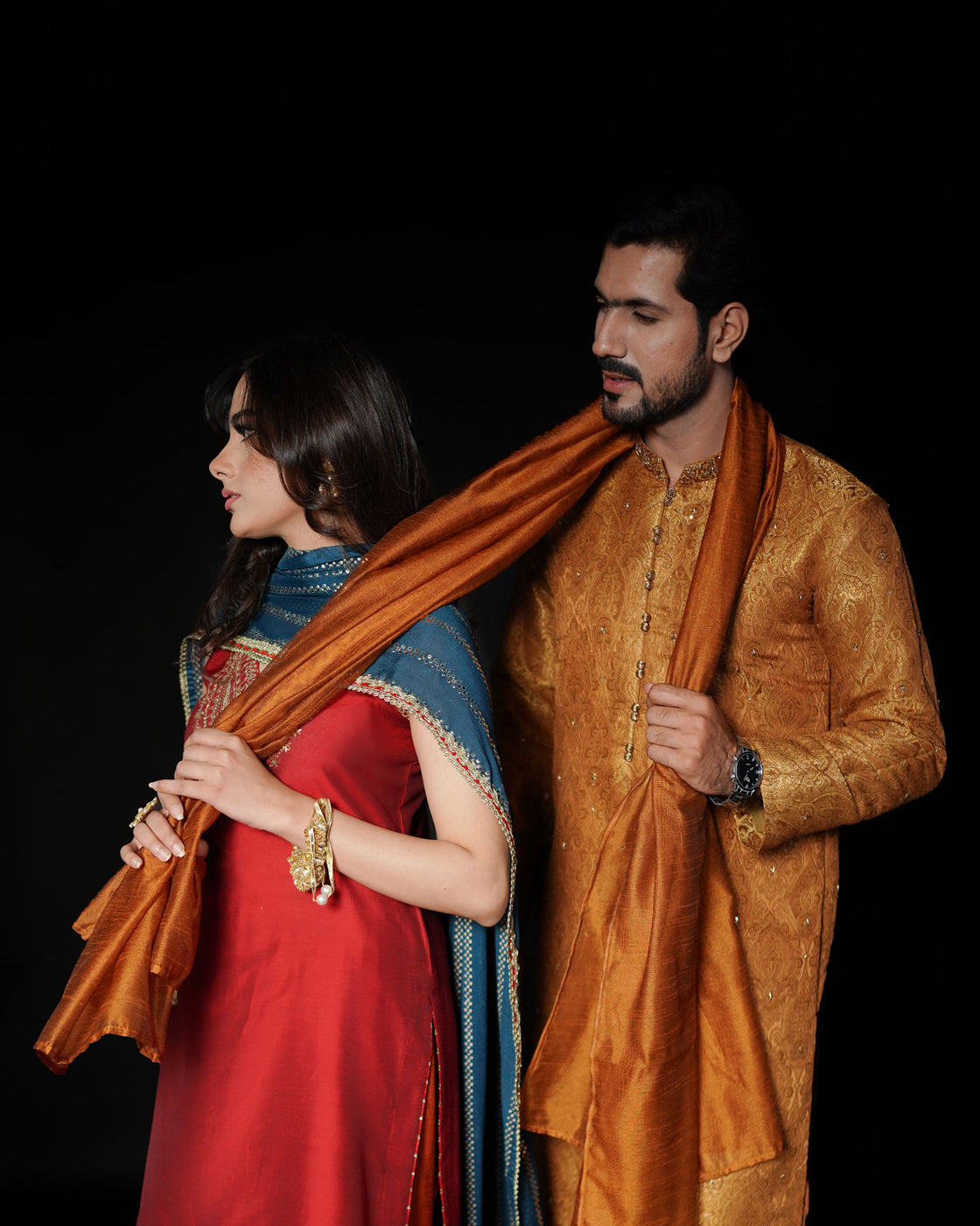 EMBROIDERED ATLAS KAMEEZ SHALWAR - Rust