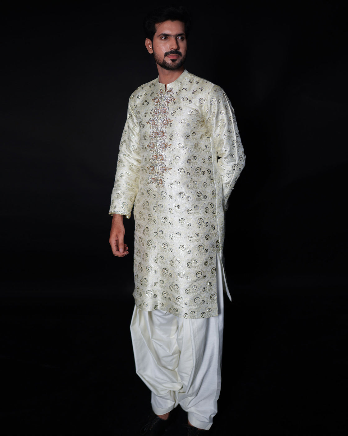 EMBROIDERED ATLAS KAMEEZ SHALWAR - Off White