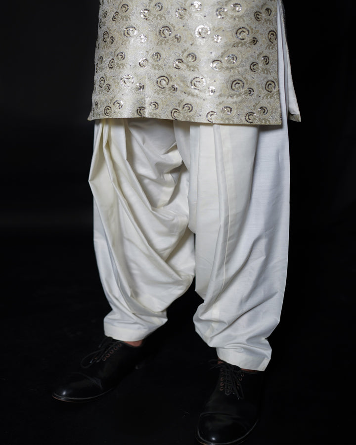 EMBROIDERED ATLAS KAMEEZ SHALWAR - Off White