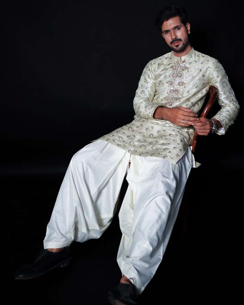 EMBROIDERED ATLAS KAMEEZ SHALWAR - Off White