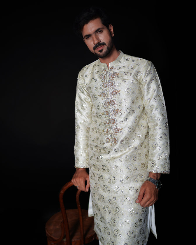 EMBROIDERED ATLAS KAMEEZ SHALWAR - Off White