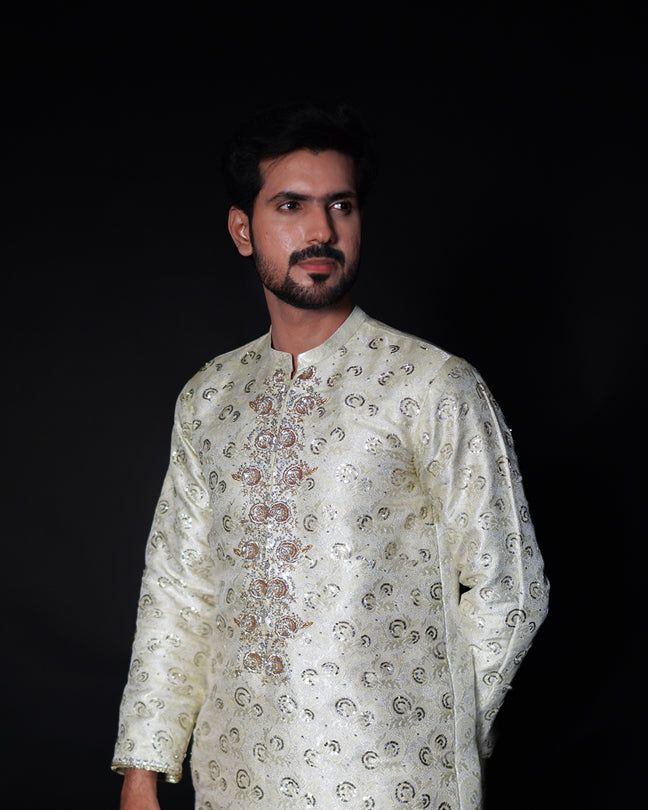 EMBROIDERED ATLAS KAMEEZ SHALWAR - Off White