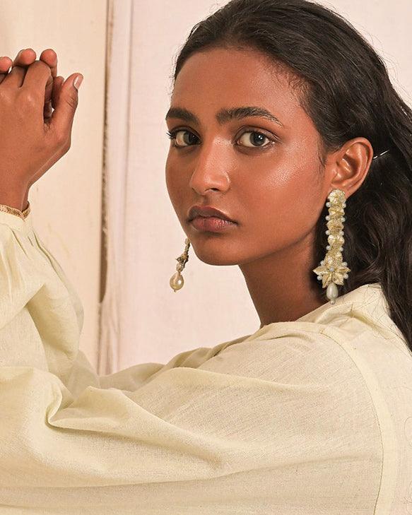 Model wearing our long gota earrings for Jehan photoshoot