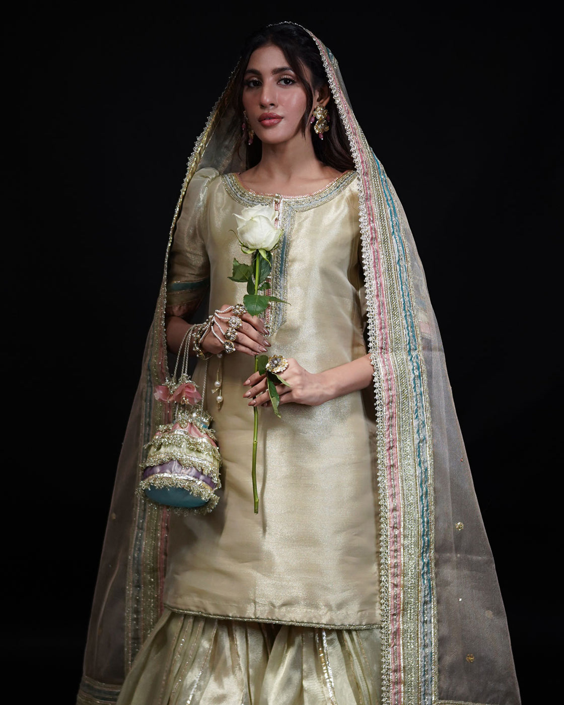 3 PIECE PATCHWORK TISSUE GHARARA - Golden