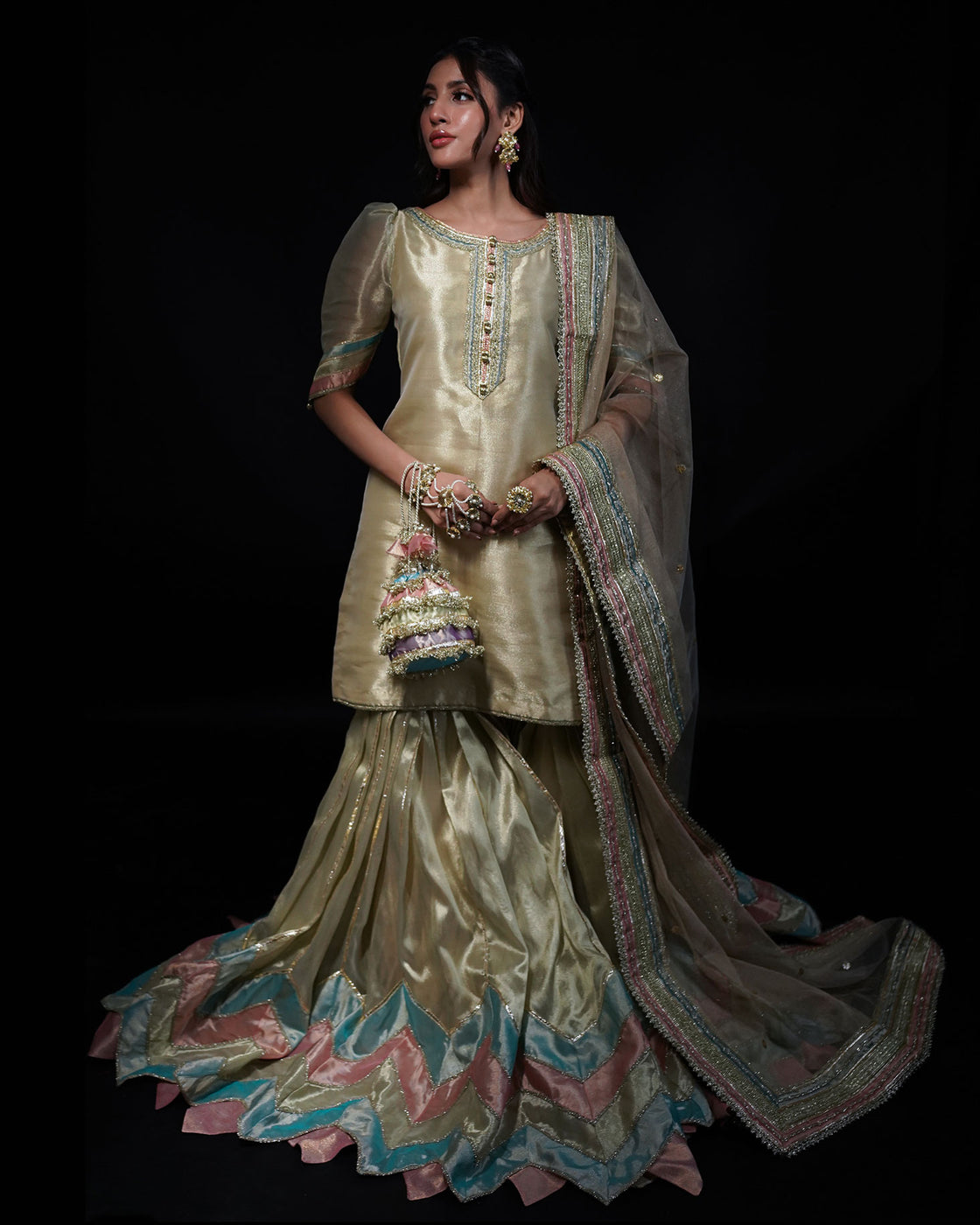 3 PIECE PATCHWORK TISSUE GHARARA - Golden