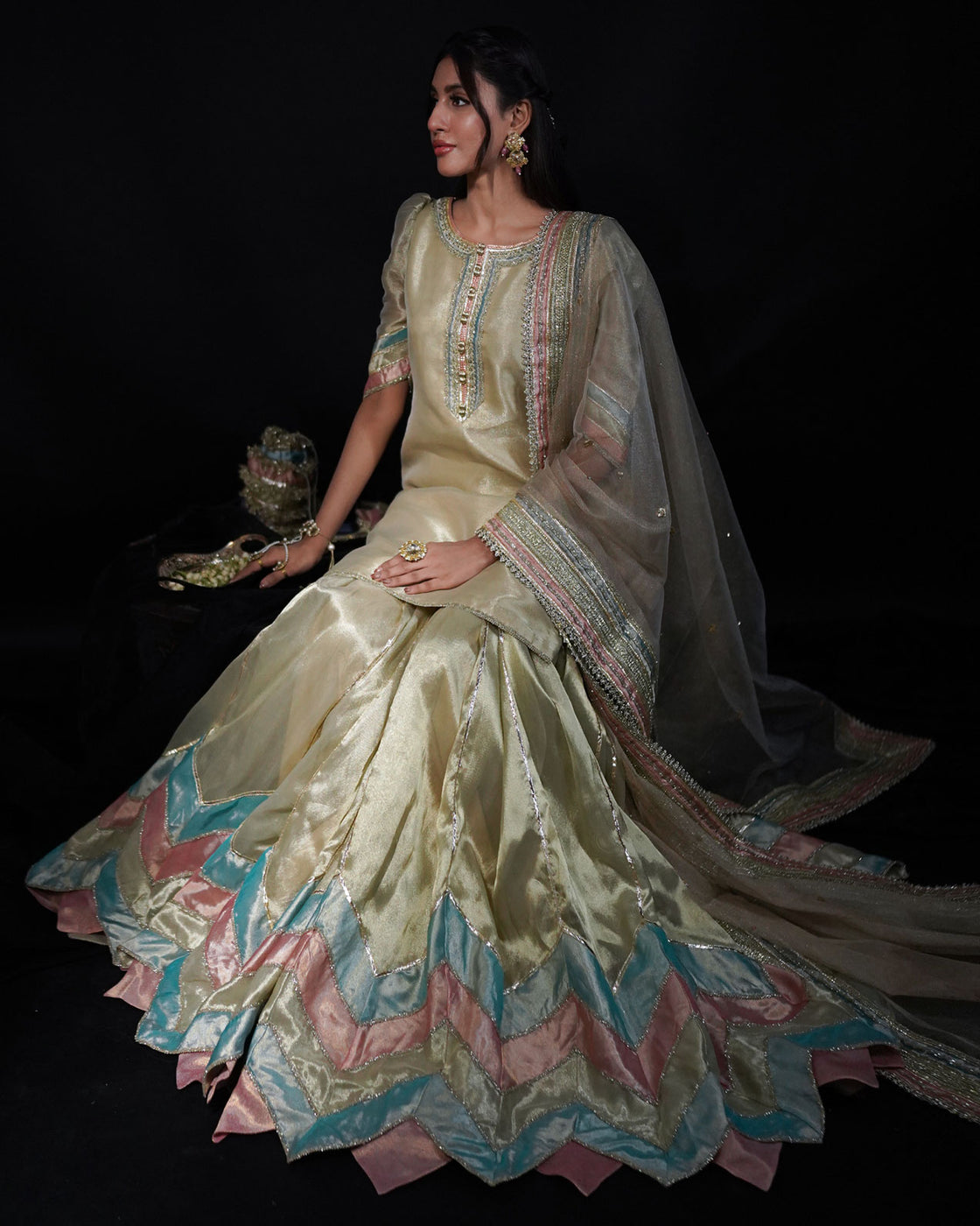 3 PIECE PATCHWORK TISSUE GHARARA - Golden