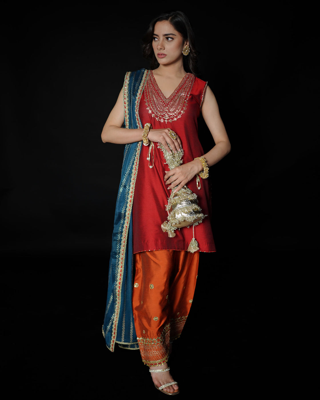 3 PIECE EMBROIDERED COTTON SILK SUIT - Red