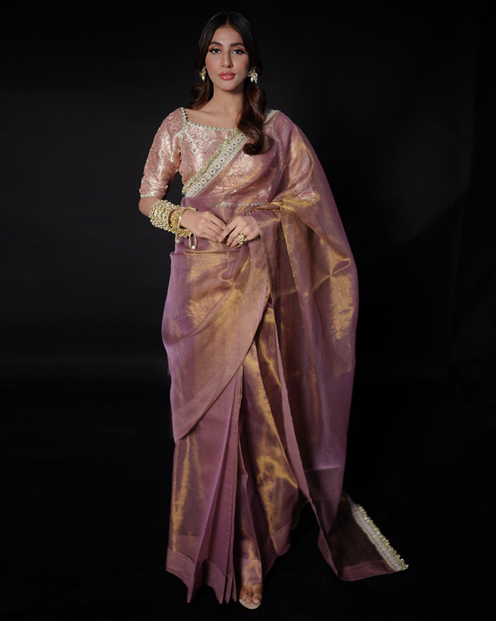 2 PIECE EMBROIDRED MESSURI SAREE - Pink