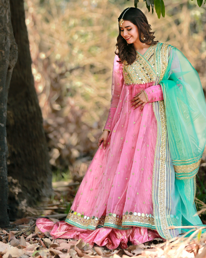 Blush Pink & Turquoise Zardosi Embroidered Lehenga Set Design by Kartikeya  at Pernia's Pop Up Shop 2024